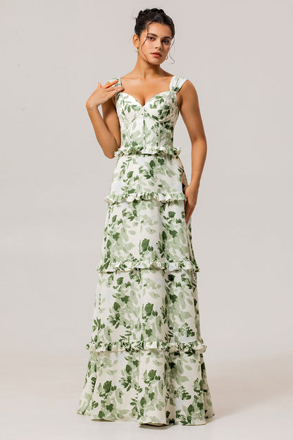 Green Floral Corset Satin Long Wedding Guest Dress with Ruffles