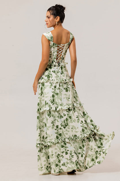 Green Floral Corset Satin Long Wedding Guest Dress with Ruffles