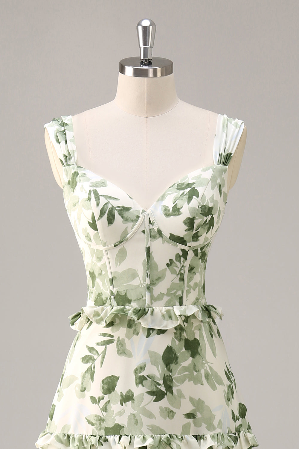 Green Floral Corset Satin Long Wedding Guest Dress with Ruffles