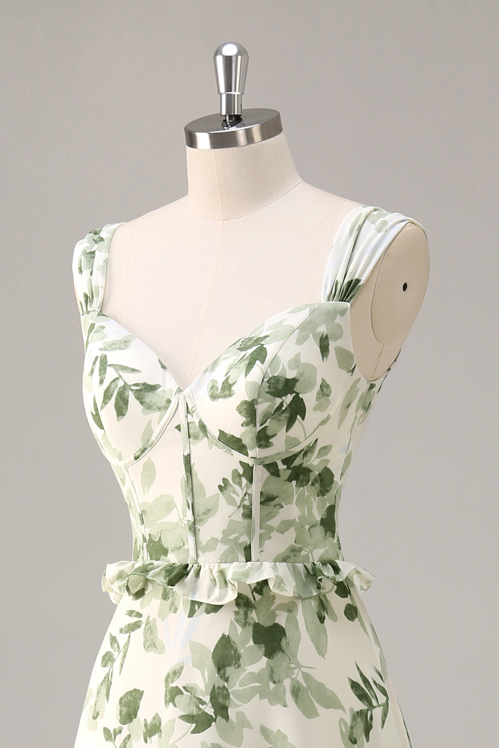 Green Floral Corset Satin Long Wedding Guest Dress with Ruffles