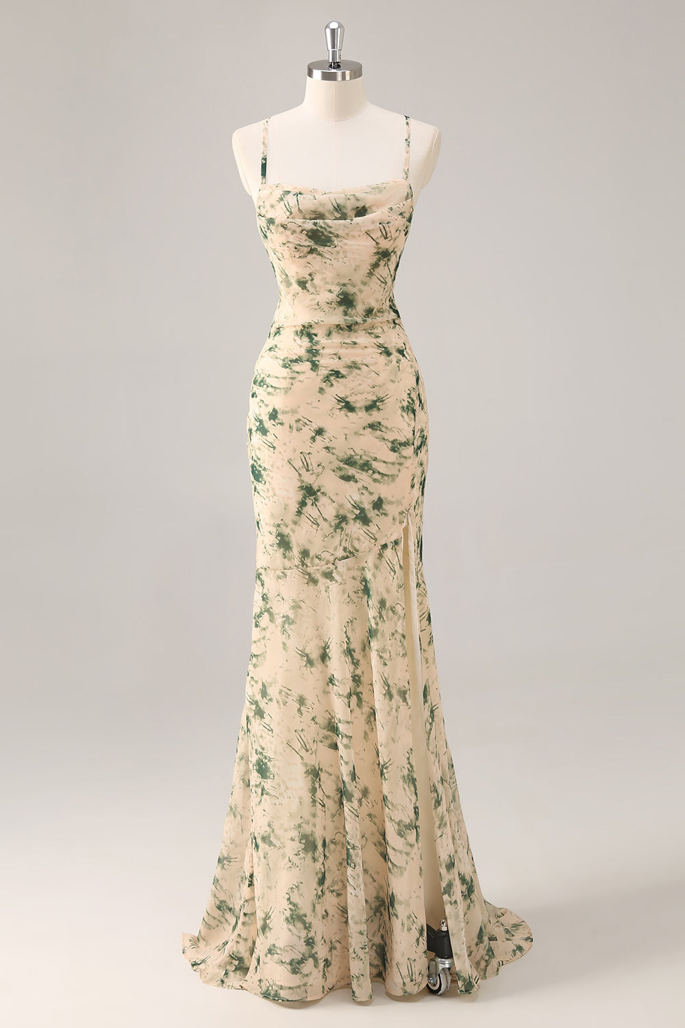 Champagne Mermaid Floral Ruched Long Wedding Guest Dress with Slit