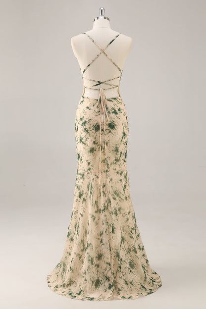 Champagne Mermaid Floral Ruched Long Wedding Guest Dress with Slit