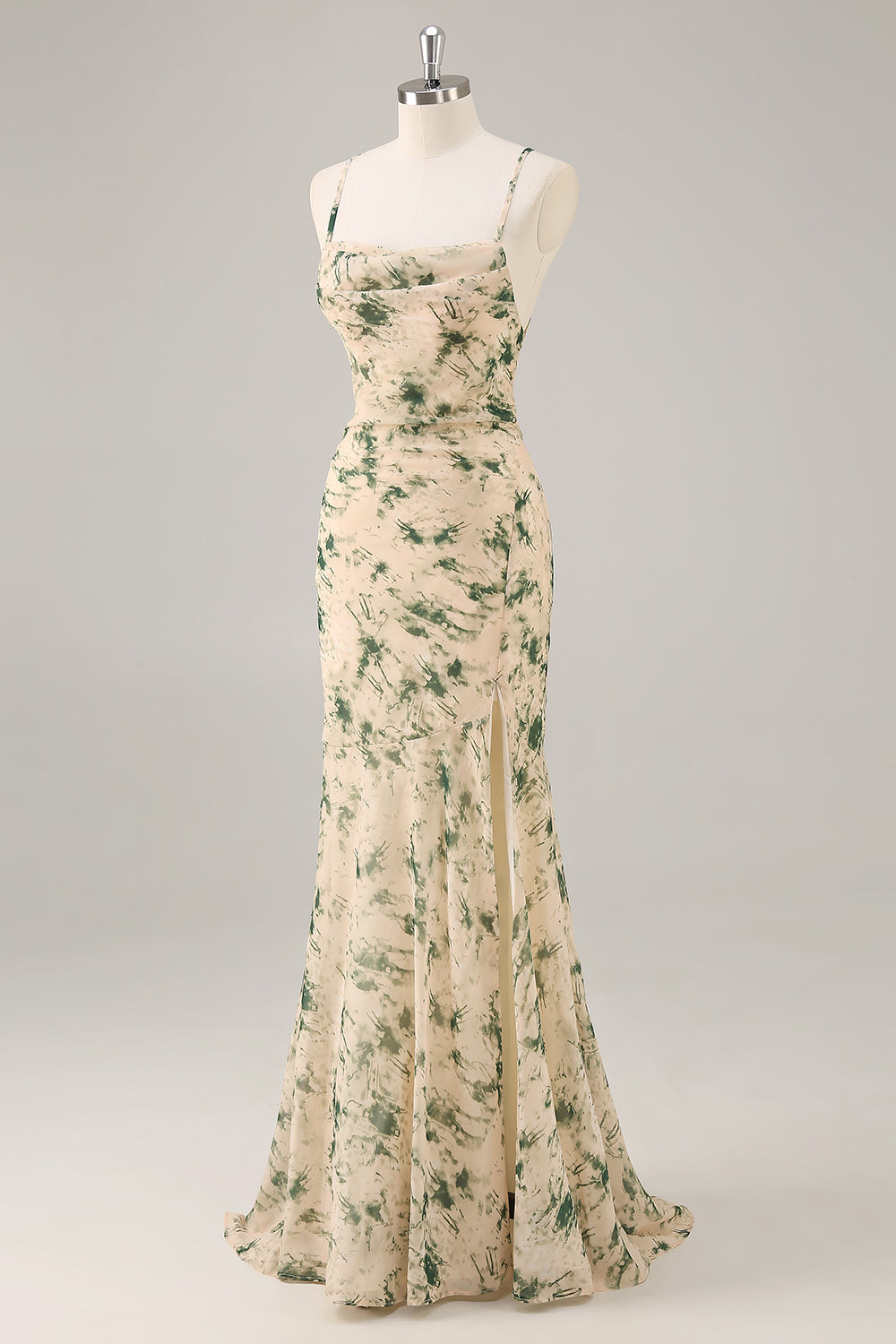 Champagne Mermaid Floral Ruched Long Wedding Guest Dress with Slit