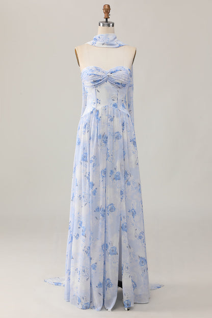Blue Corset Floral Neck Scarf Long Wedding Guest Dress with Slit