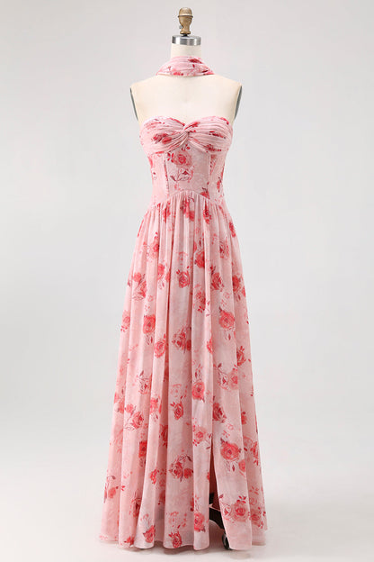 Blue Corset Floral Neck Scarf Long Wedding Guest Dress with Slit