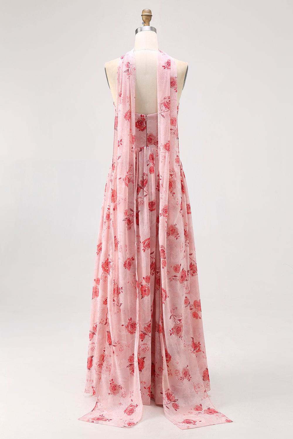 Blue Corset Floral Neck Scarf Long Wedding Guest Dress with Slit
