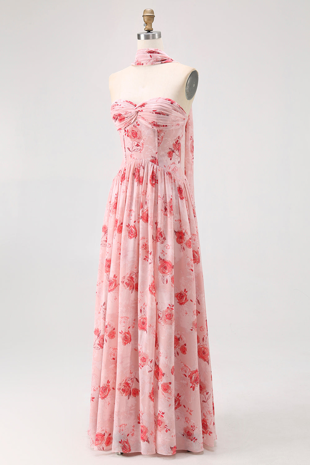 Blue Corset Floral Neck Scarf Long Wedding Guest Dress with Slit