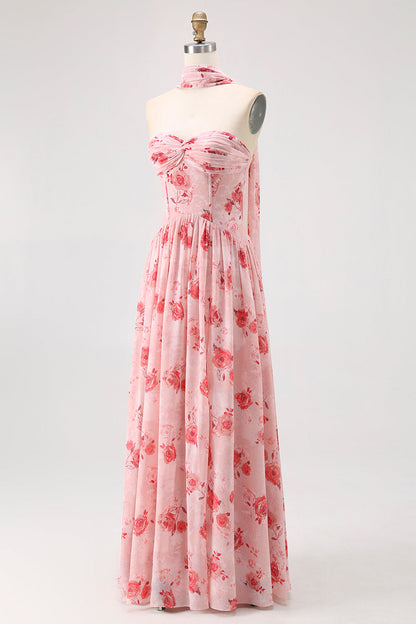 Blue Corset Floral Neck Scarf Long Wedding Guest Dress with Slit