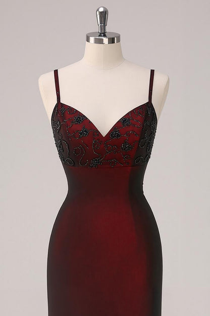 Black Red Sheath Spaghetti Straps Long Formal Dress with Beading