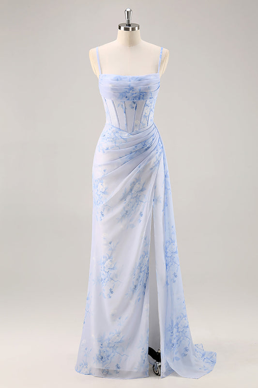 Blue Floral Ruched Corset Long Bridesmaid Dress with Slit