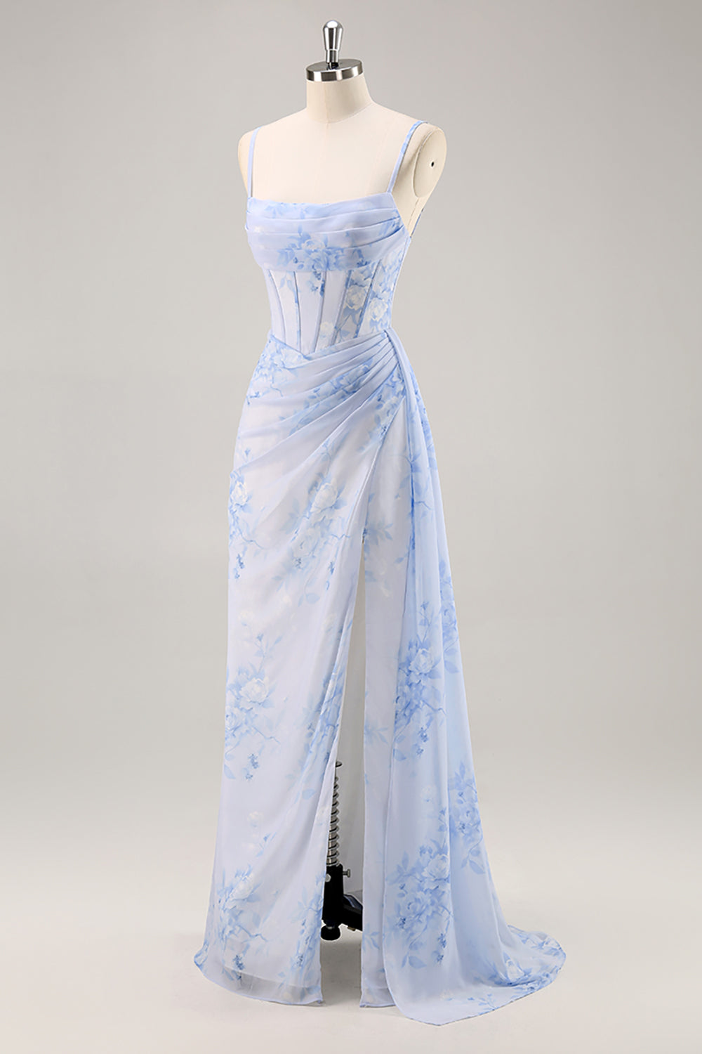 Blue Floral Ruched Corset Long Bridesmaid Dress with Slit