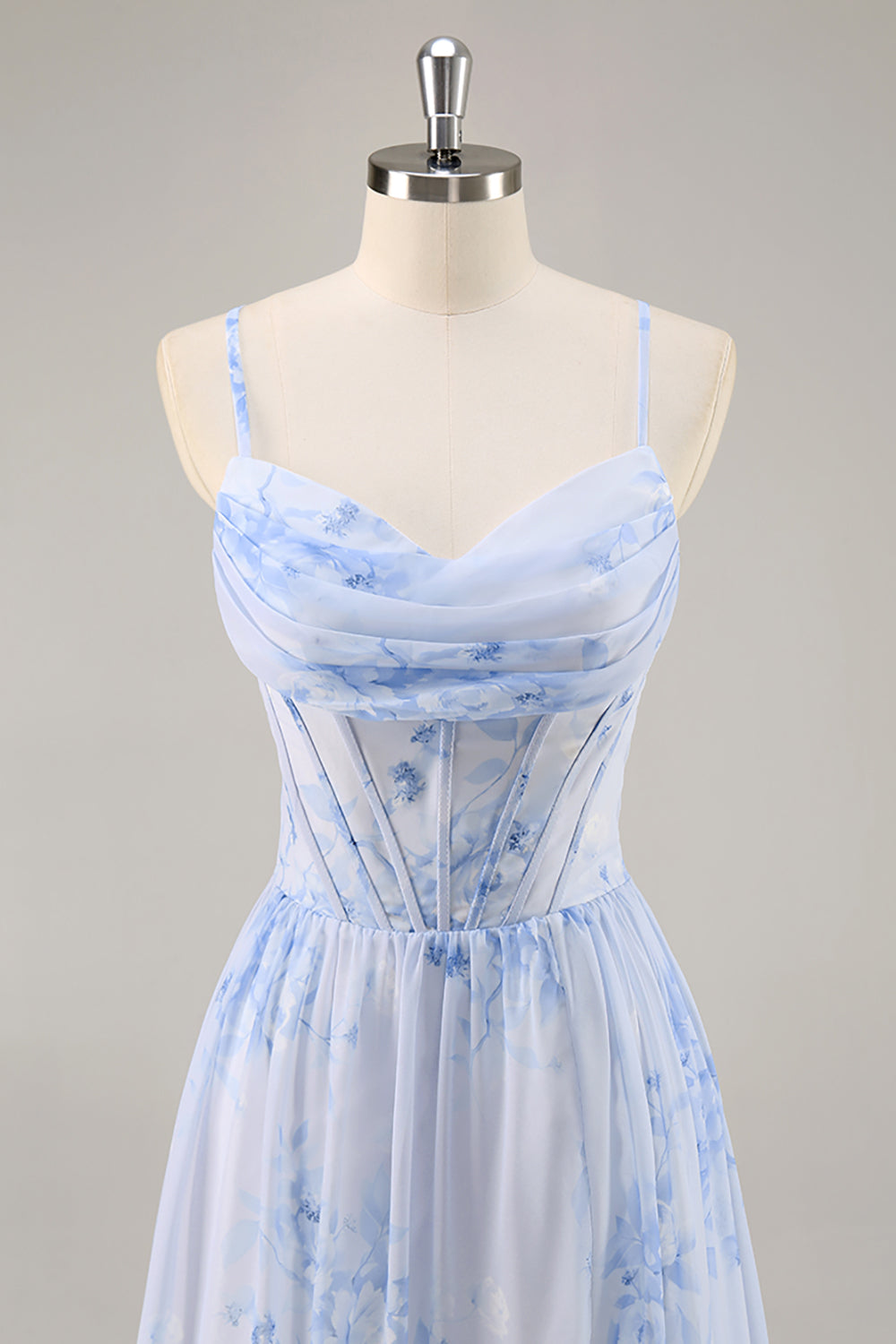 Blue Corset Floral Ruffled Long Bridesmaid Dress with Slit