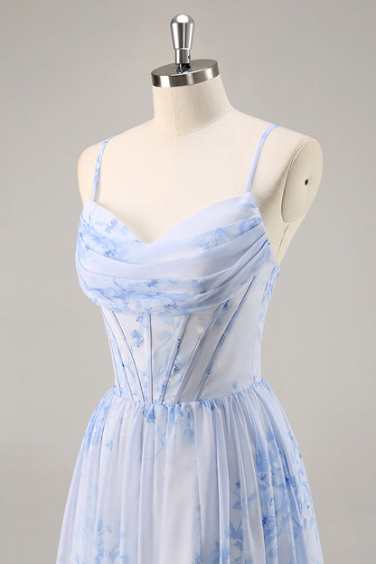 Blue Corset Floral Ruffled Long Bridesmaid Dress with Slit