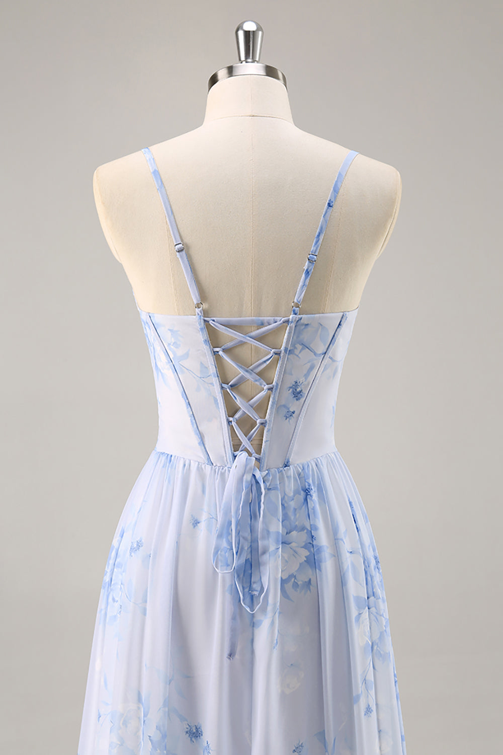 Blue Corset Floral Ruffled Long Bridesmaid Dress with Slit