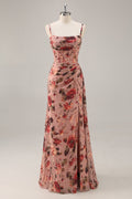 Dusty Rose Corset Chiffon Floral Ruched Bridesmaid Dress with Slit