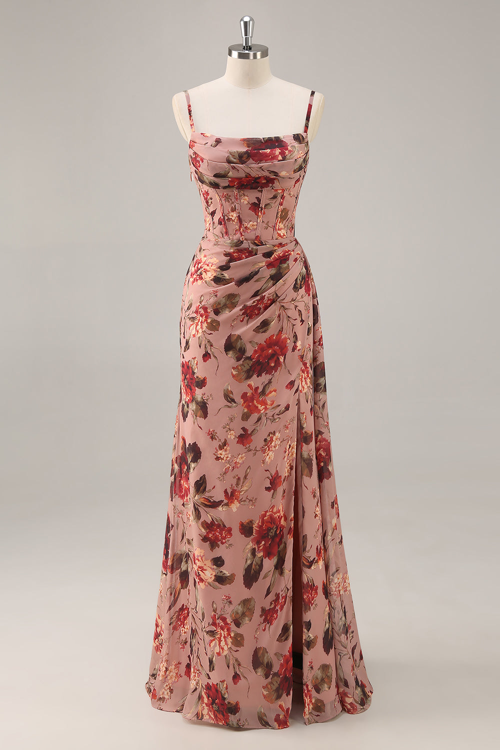Dusty Rose Corset Chiffon Floral Ruched Bridesmaid Dress with Slit