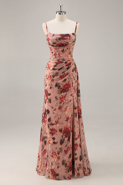 Dusty Rose Corset Chiffon Floral Ruched Bridesmaid Dress with Slit