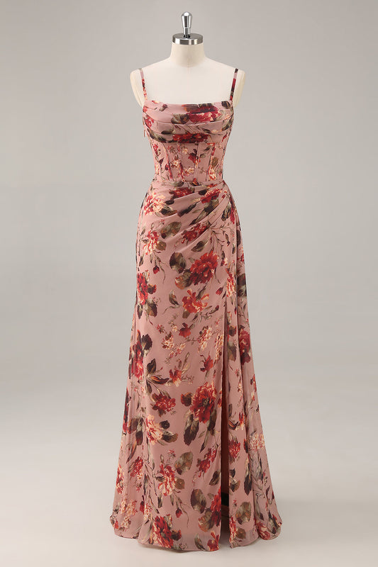 Dusty Rose Corset Chiffon Floral Ruched Bridesmaid Dress with Slit