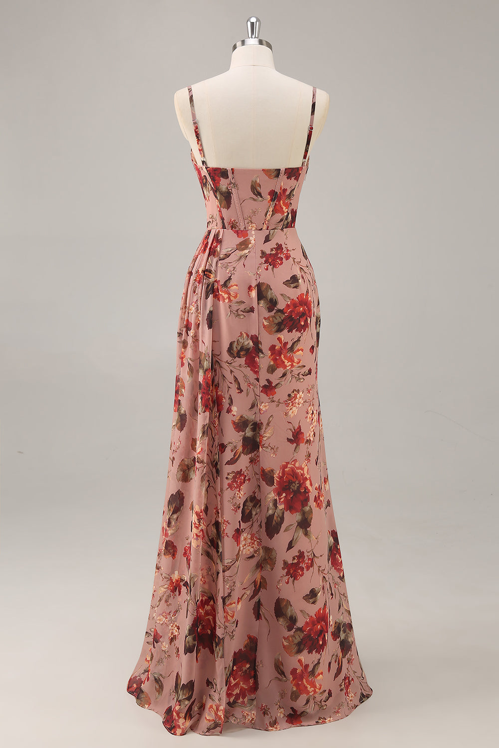 Dusty Rose Corset Chiffon Floral Ruched Bridesmaid Dress with Slit