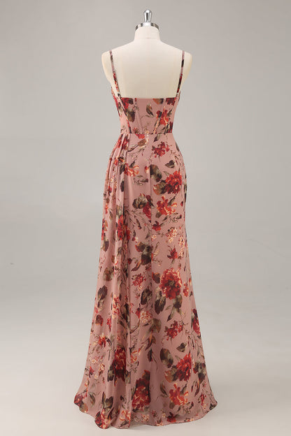Dusty Rose Corset Chiffon Floral Ruched Bridesmaid Dress with Slit