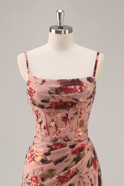 Dusty Rose Corset Chiffon Floral Ruched Bridesmaid Dress with Slit