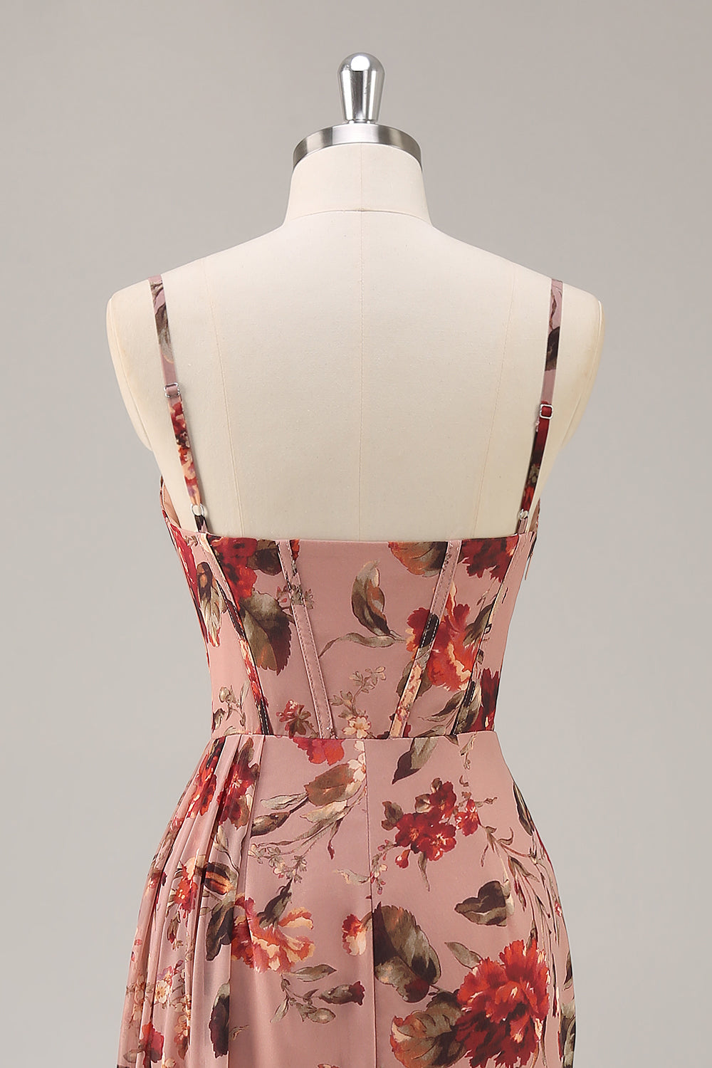 Dusty Rose Corset Chiffon Floral Ruched Bridesmaid Dress with Slit