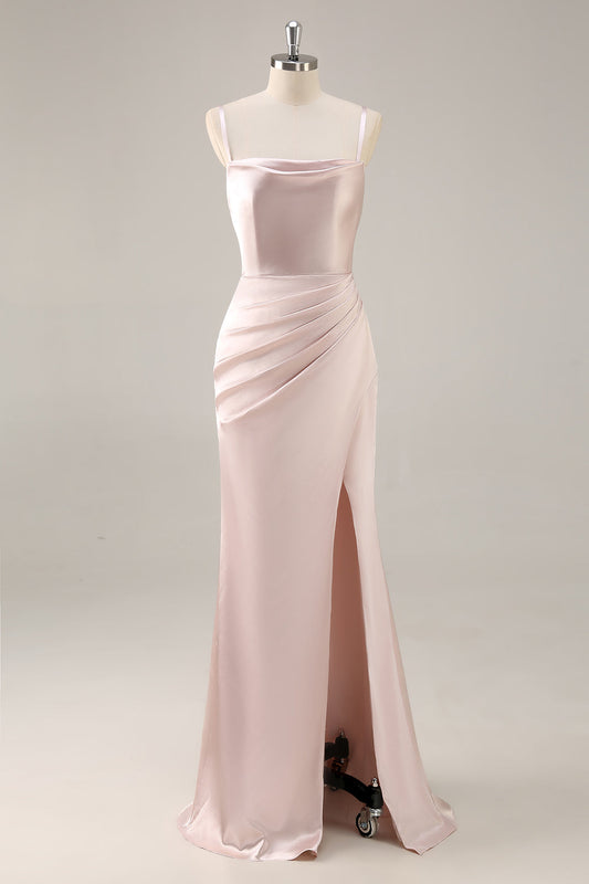 Candy Pink Mermaid Ruched Satin Long Bridesmaid Dress with Slit