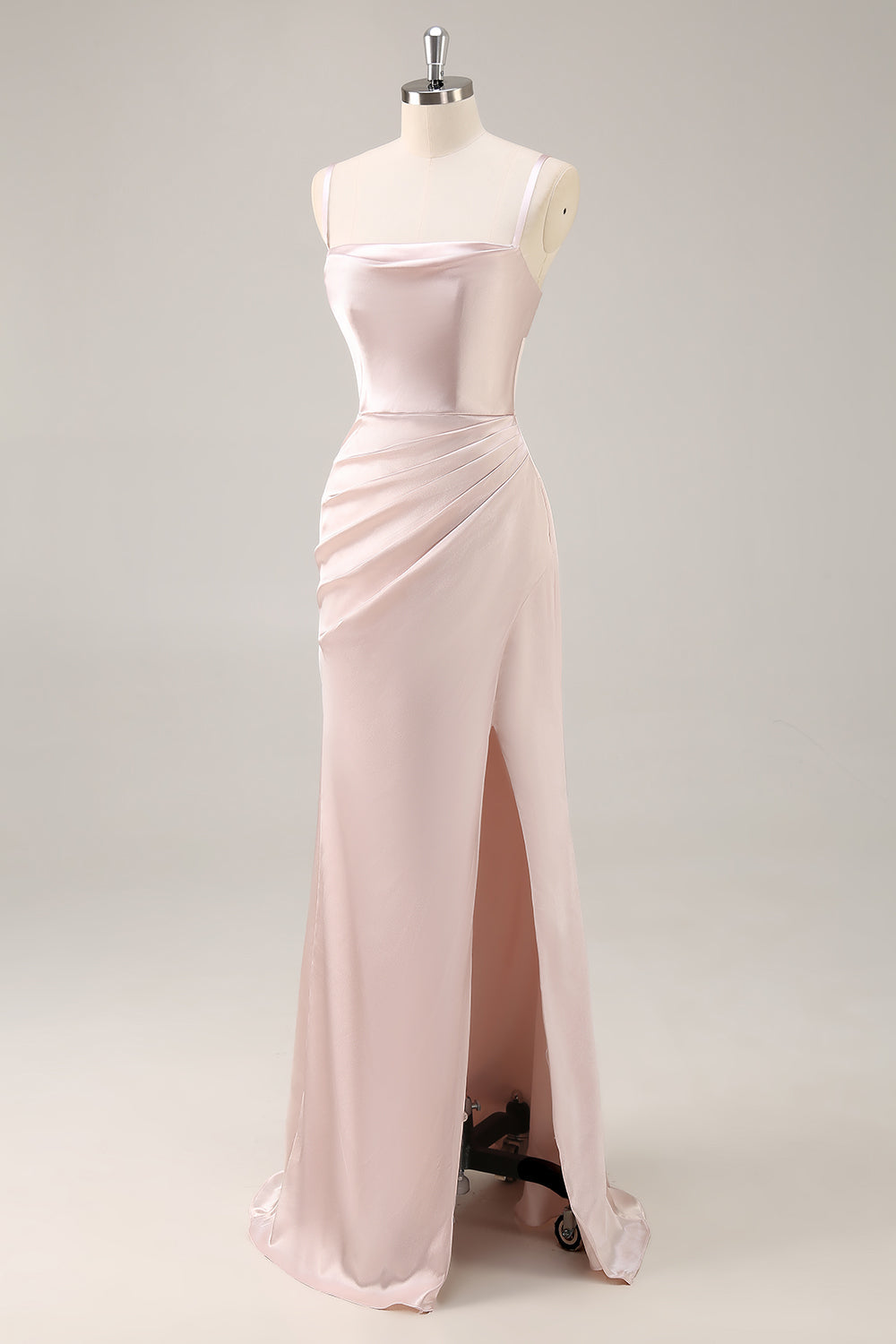 Candy Pink Mermaid Ruched Satin Long Bridesmaid Dress with Slit