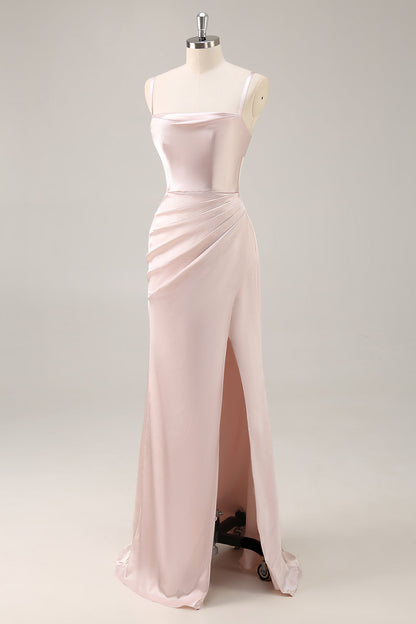 Candy Pink Mermaid Ruched Satin Long Bridesmaid Dress with Slit