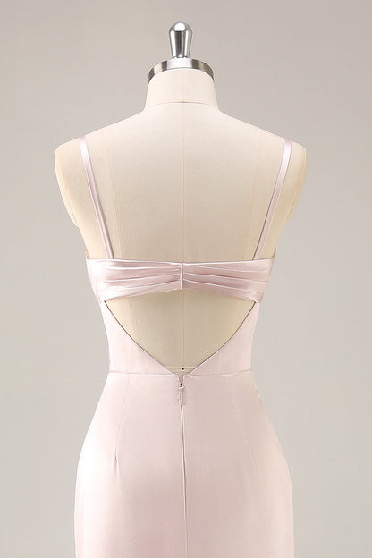 Candy Pink Mermaid Ruched Satin Long Bridesmaid Dress with Slit