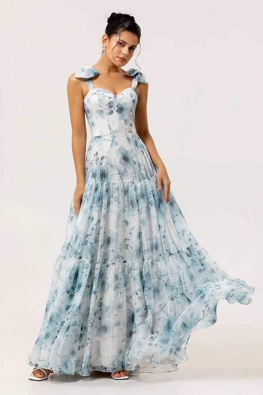 Blue A Line Floral Chiffon Long Bridesmaid Dress