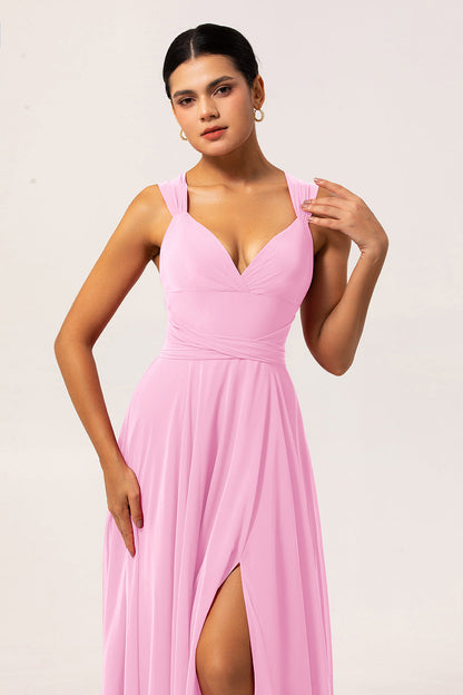 Fuchsia A Line Chiffon Long Bridesmaid Dress with Slit