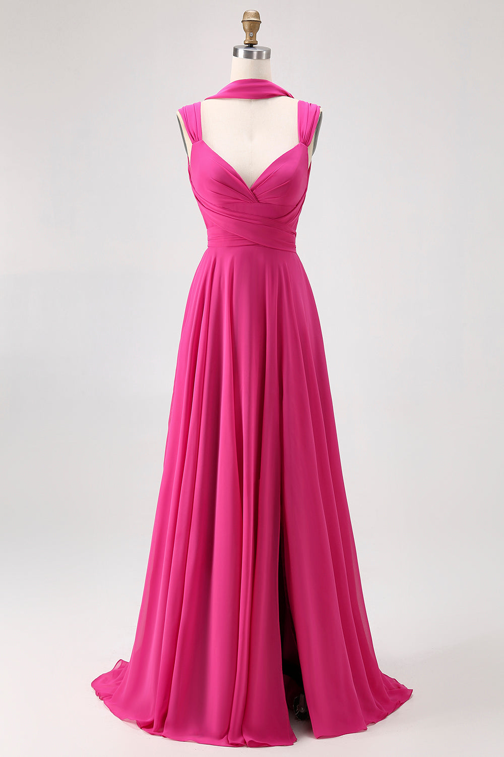 Fuchsia A Line Chiffon Long Bridesmaid Dress with Slit