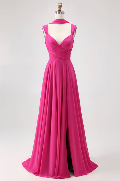 Fuchsia A Line Chiffon Long Bridesmaid Dress with Slit