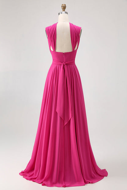 Fuchsia A Line Chiffon Long Bridesmaid Dress with Slit