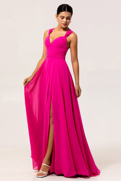 Fuchsia A Line Chiffon Long Bridesmaid Dress with Slit