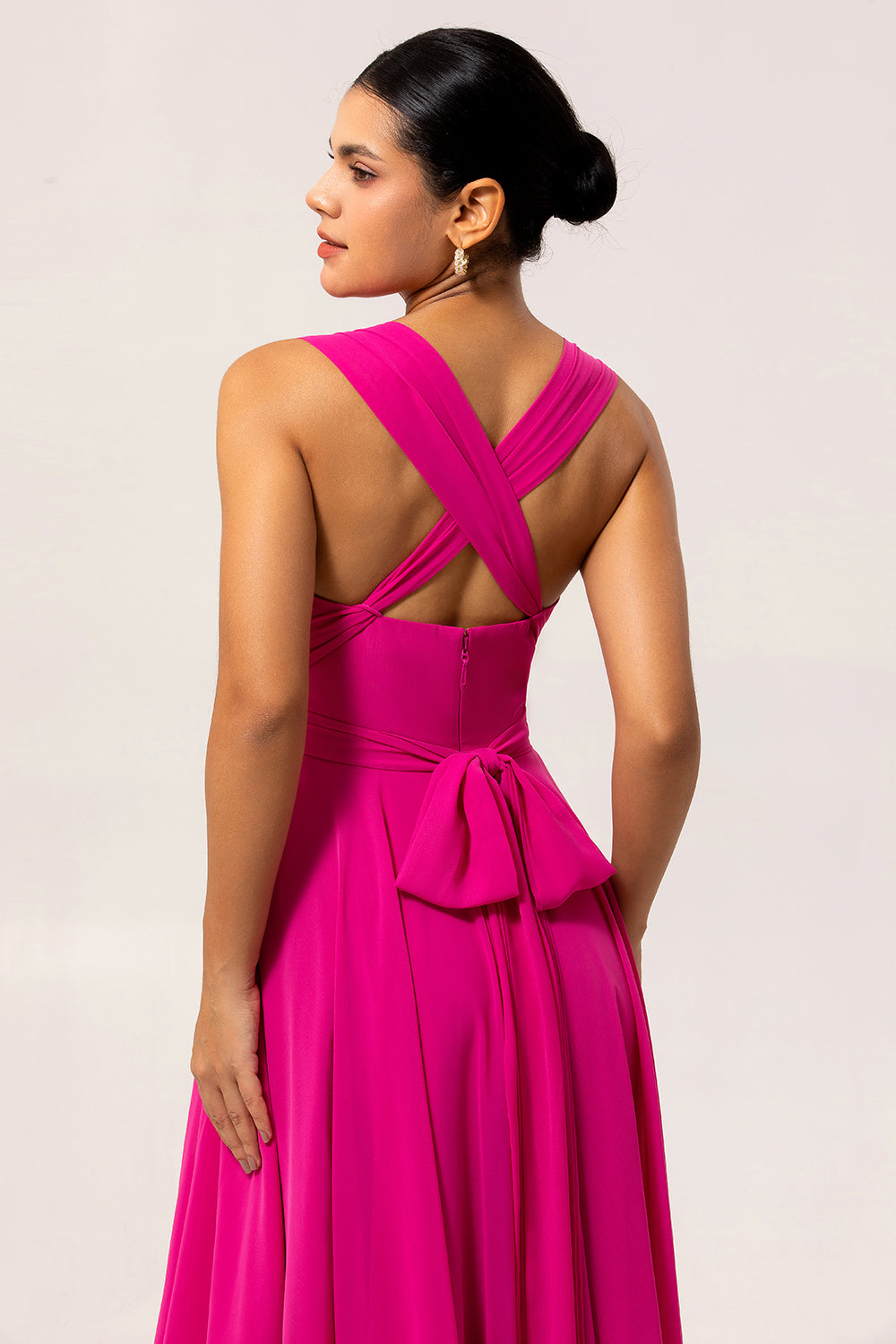 Fuchsia A Line Chiffon Long Bridesmaid Dress with Slit
