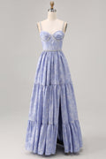 Sparkly Blue Jacquard Floral Long Bridesmaid Dress with Slit