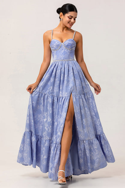 Sparkly Blue Jacquard Floral Long Bridesmaid Dress with Slit