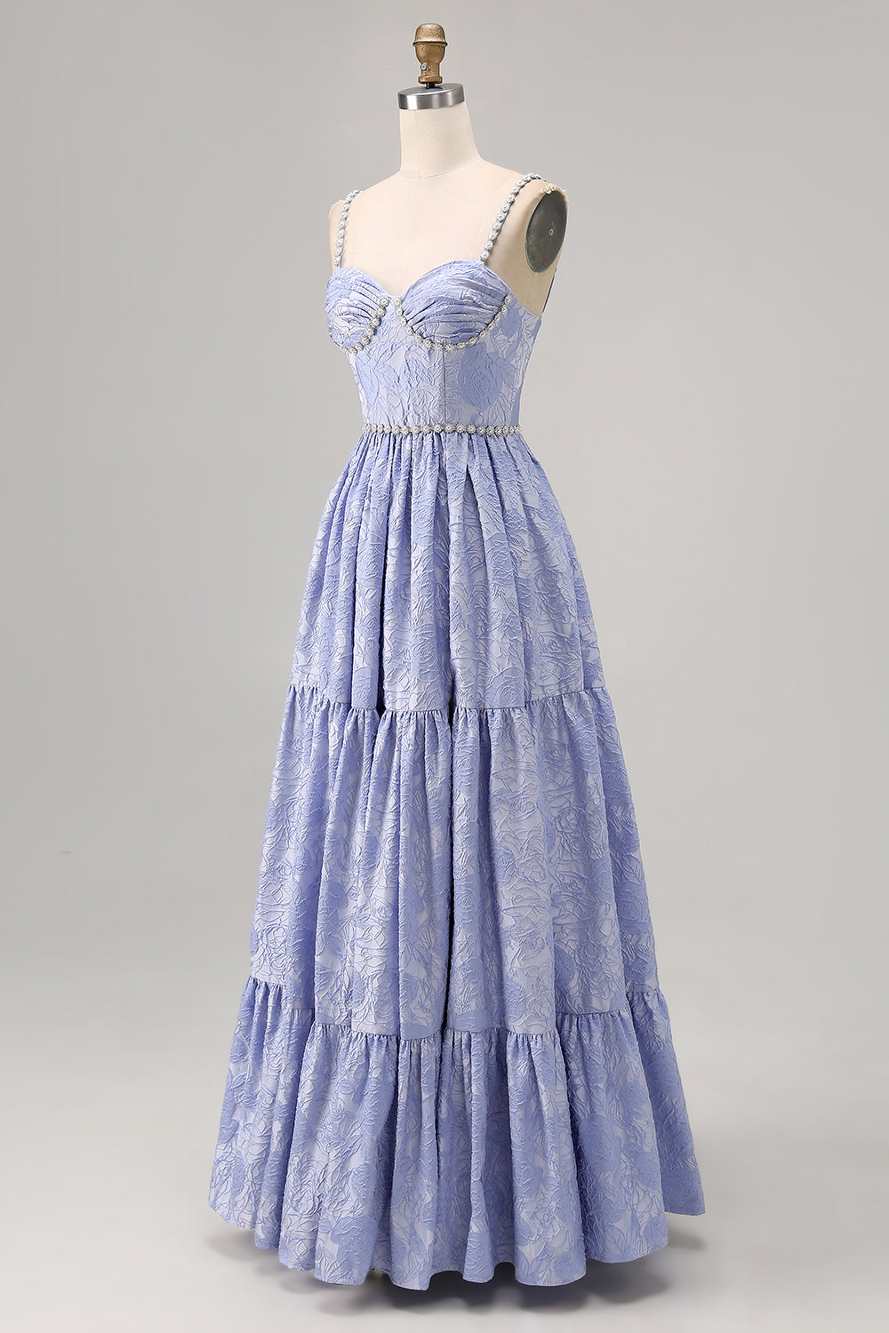 Sparkly Blue Jacquard Floral Long Bridesmaid Dress with Slit