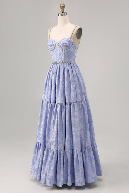 Sparkly Blue Jacquard Floral Long Bridesmaid Dress with Slit