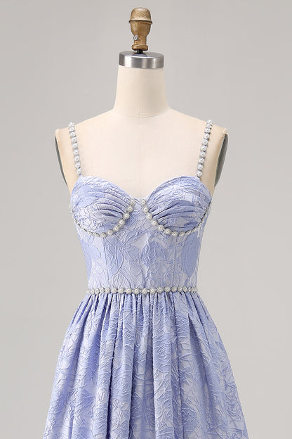 Sparkly Blue Jacquard Floral Long Bridesmaid Dress with Slit