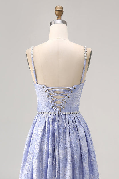 Sparkly Blue Jacquard Floral Long Bridesmaid Dress with Slit