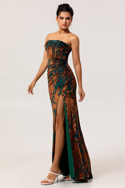 Peacock Green Strapless Corset Long Velvet Bridesmaid Dress with Slit