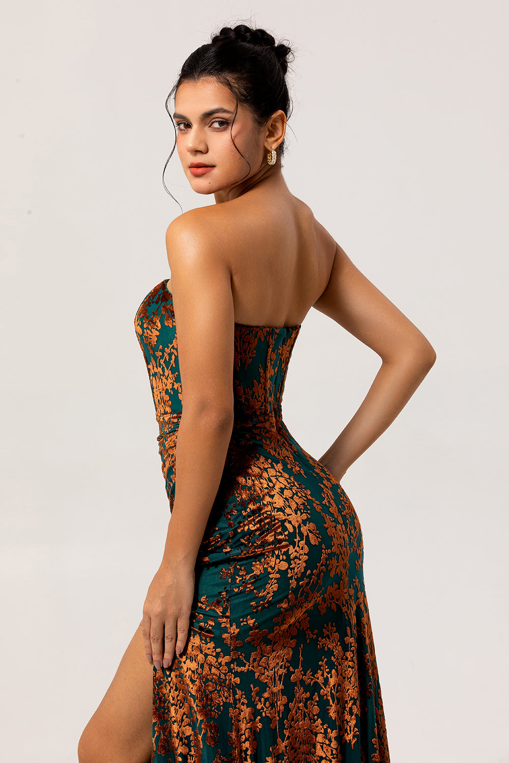 Peacock Green Strapless Corset Long Velvet Bridesmaid Dress with Slit