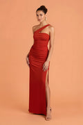Dark Red Sheath Chiffon Ruched Long Bridesmaid Dress with Slit