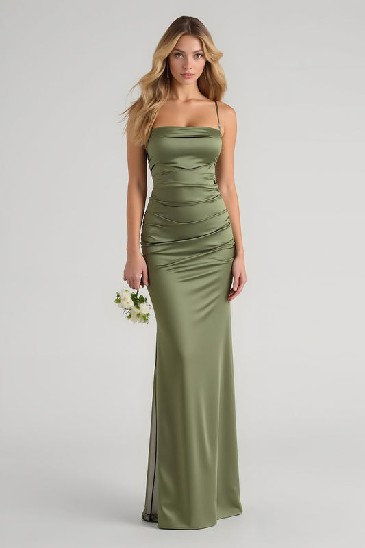 Simple Olive Spaghetti Straps Satin Long Bridesmaid Dress