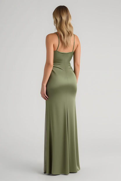 Simple Olive Spaghetti Straps Satin Long Bridesmaid Dress