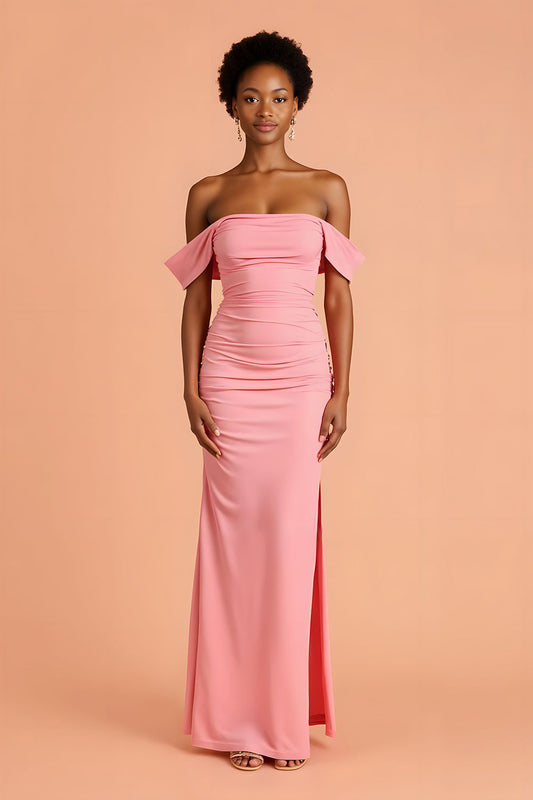 Pink Chiffon Sheath Off The Shoulder Long Bridesmaid Dress with Slit