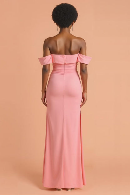 Pink Chiffon Sheath Off The Shoulder Long Bridesmaid Dress with Slit